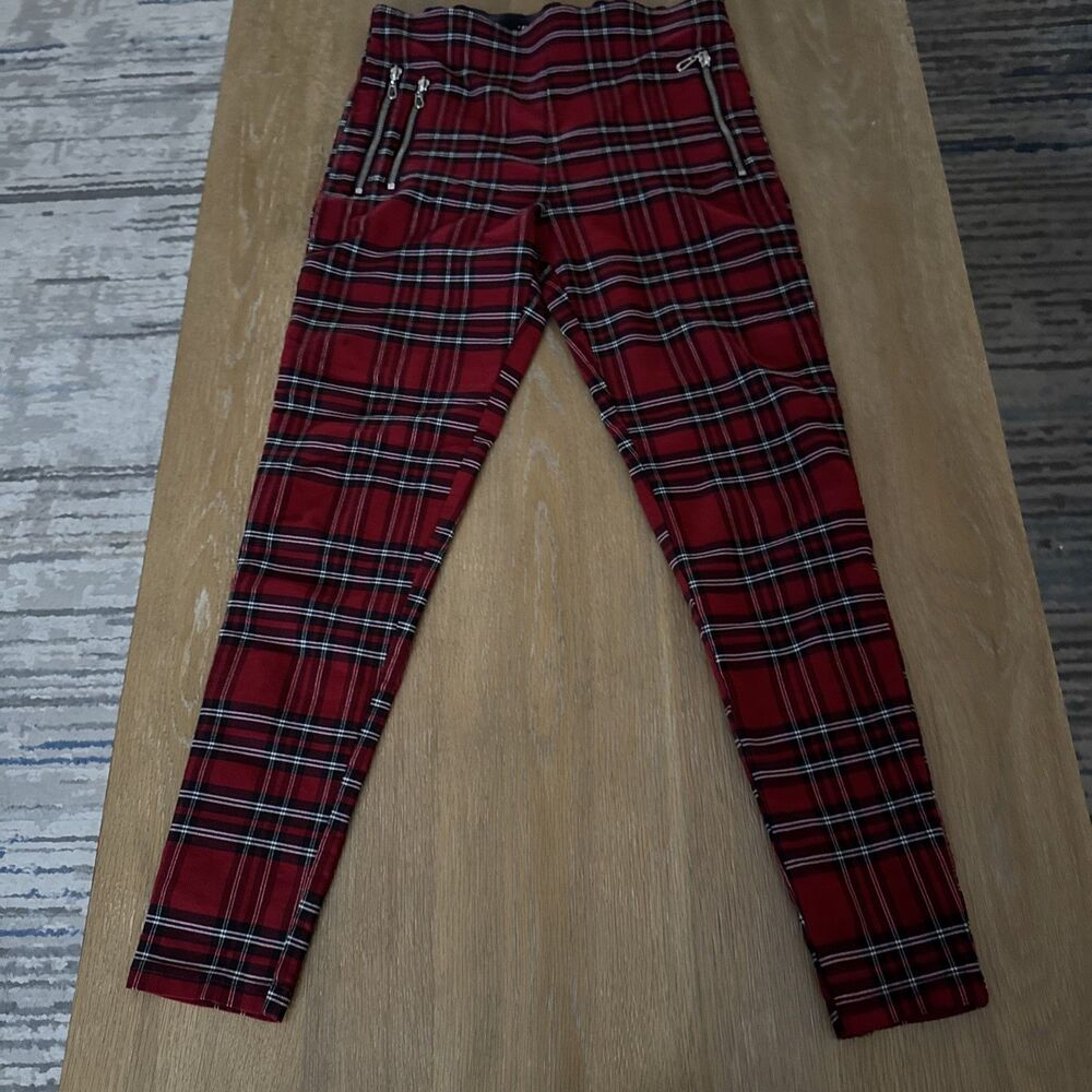 Zara Red Plaid Tartan Zipped Moto Skinny Pants Leggings Size M Grunge Punk Goth - Picture 3 of 10